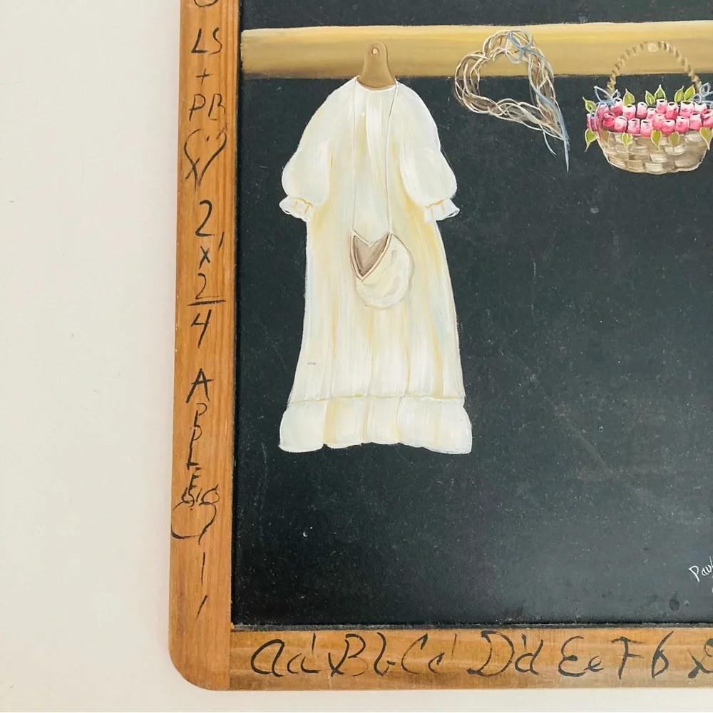 Hand-Painted Wall Hanging Chalkboard with Dress & Basket Folkart by Paula Schier